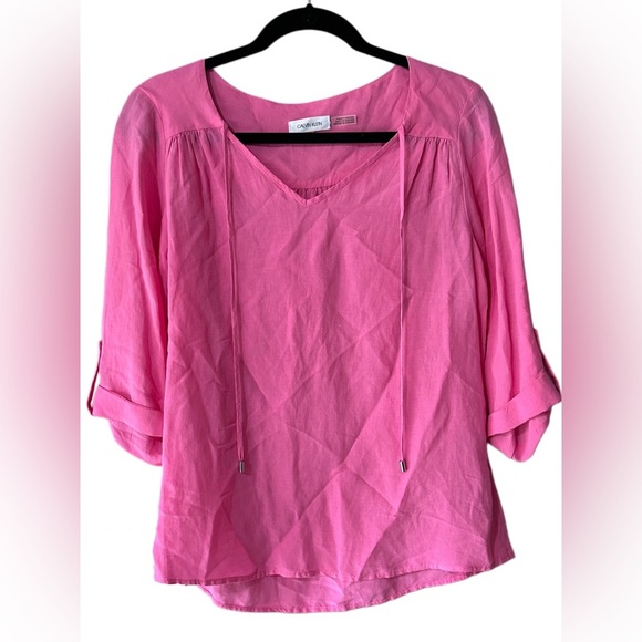 Calvin Klein Vibrant Pink V Neck Blouse and Cuffed Sleeves - Picture 1 of 5